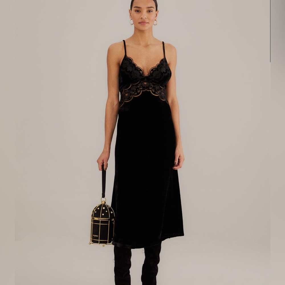 FARM Rio Black Lace-Trim Midi Dress